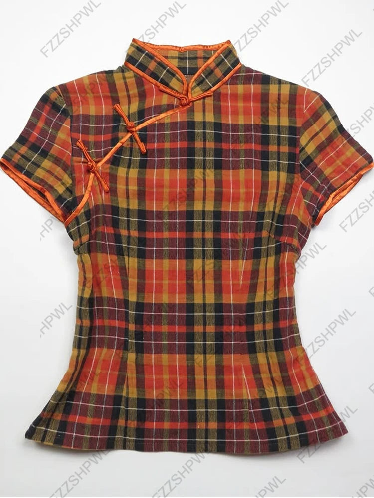Camiseta de estilo chino moda high street Y2K chica de humor millenario botón gótico moda retro a cuadros tops de manga corta para mujer