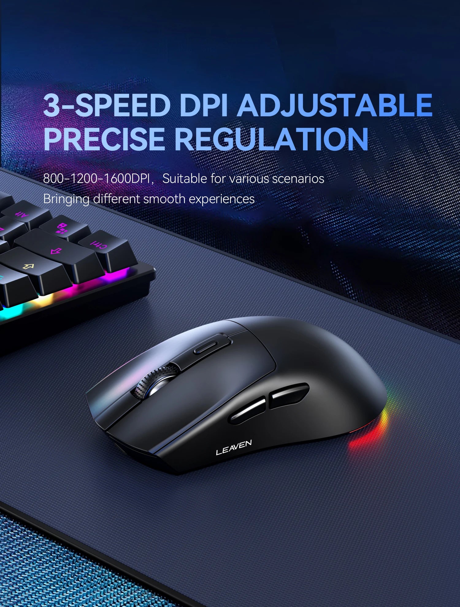 Ratón inalámbrico de modo dual |   Base de carga magnética |   Retroiluminado RGB |   DPI de 3 velocidades (800-1200-1600) |   2.4G/BT |   Adecuado para uso diario.