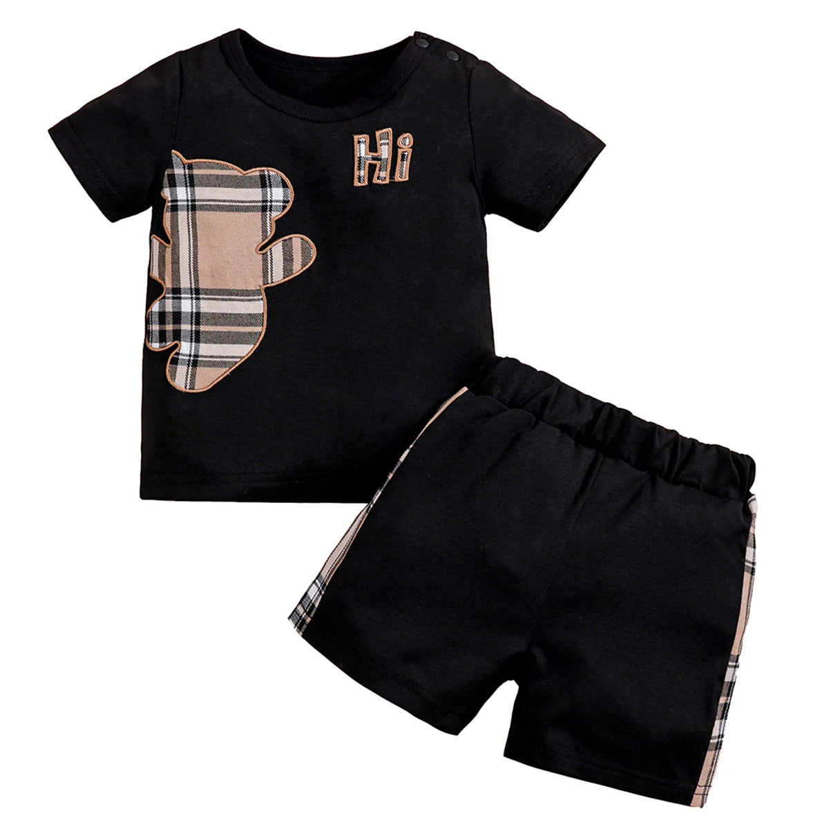 IURNXB-Conjunto de ropa para bebé, camisetas de manga corta + Pantalones cortos con estampado de oso a cuadros de dibujos animados, Tops bonitos para niños, pantalones, trajes informales de 3 a 24M, 2 uds.