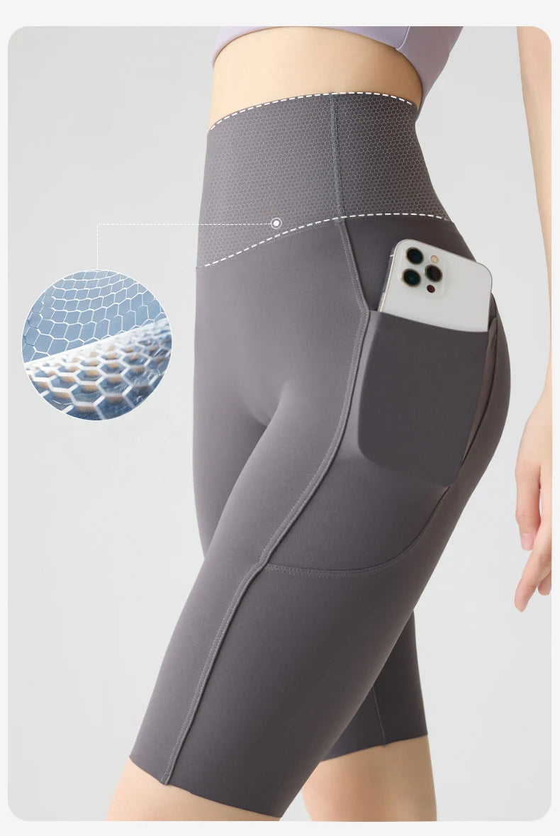 BIVIGAOS, pantalones cortos de verano con bolsillo para Yoga de piel de tiburón para bicicleta, pantalones cortos finos de cintura alta con realce, sensación desnuda, pantalones cortos deportivos para ciclismo y Fitness