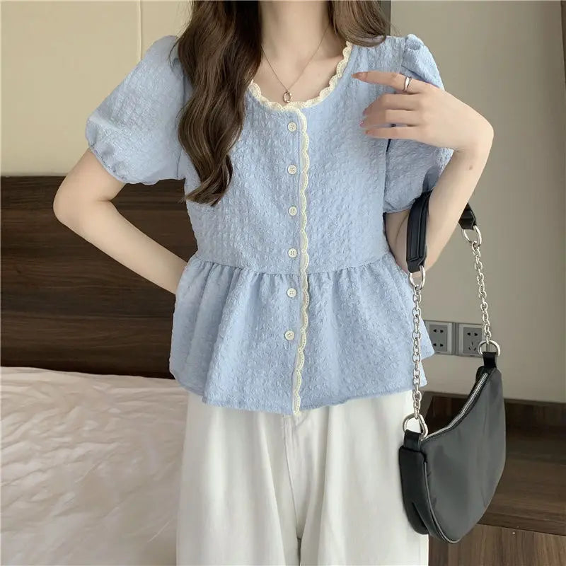 Blusa Casual de Verano 2024 Estilo Coreano con Encaje y Manga Corta, Blusa de Gasa con Manga Abullonada Antienvejecimiento y ...