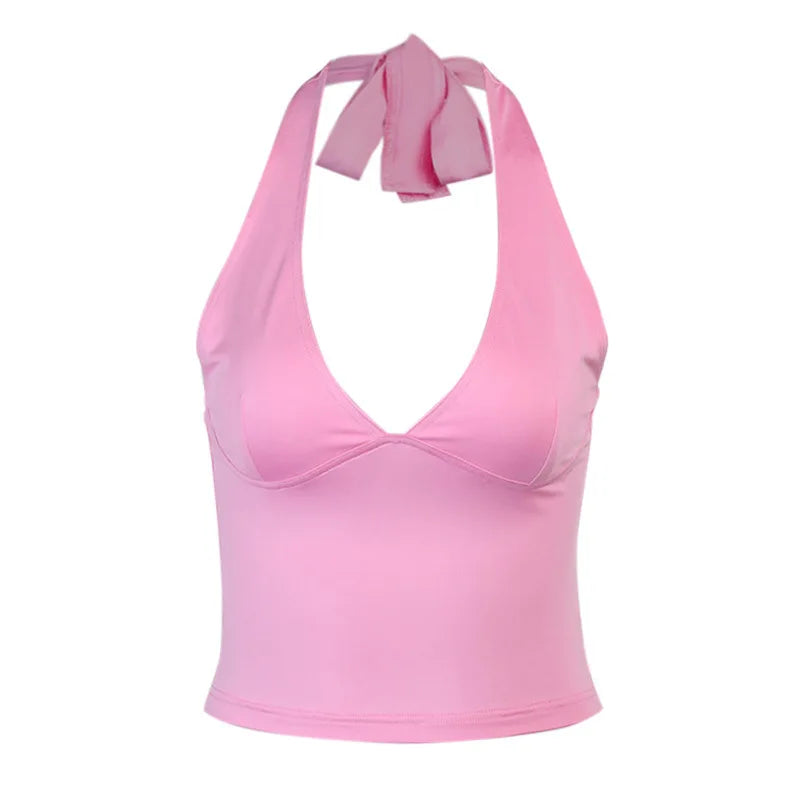 Camiseta sin mangas con cuello en V para mujer, Top Sexy con espalda descubierta, rosa, corsé