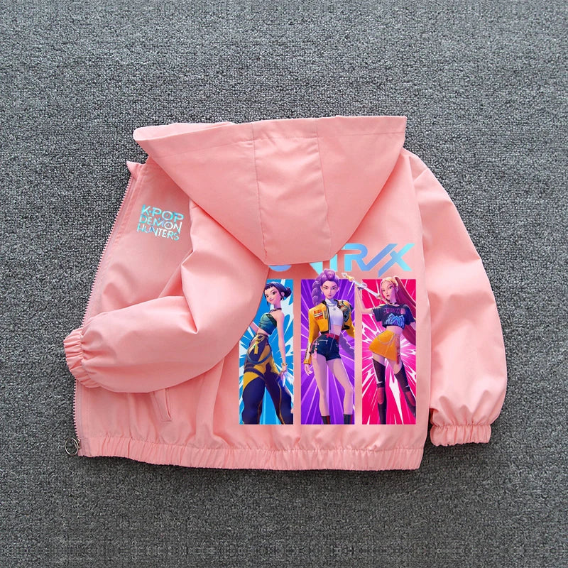 Chaqueta Cortavientos para Niñas Adolescentes K-pop Demon Hunters 2026 Primavera Otoño, Chaqueta con Capucha Estampada de Dibujos Animados, Ropa Exterior Impermeable