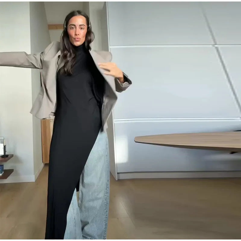 Vestido sin mangas con cuello colgante para mujer, vestido liso de satén con espalda descubierta, vestidos informales de oficina con tirantes finos, nueva Suite de primavera 2025
