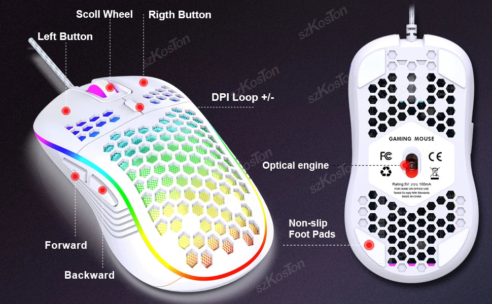 Mouse Gamer con Cable Honeycomb, Retroiluminación RGB, 7200 DPI Ajustables, Ergonómico, USB, para PC con Windows y Gamers de Laptop
