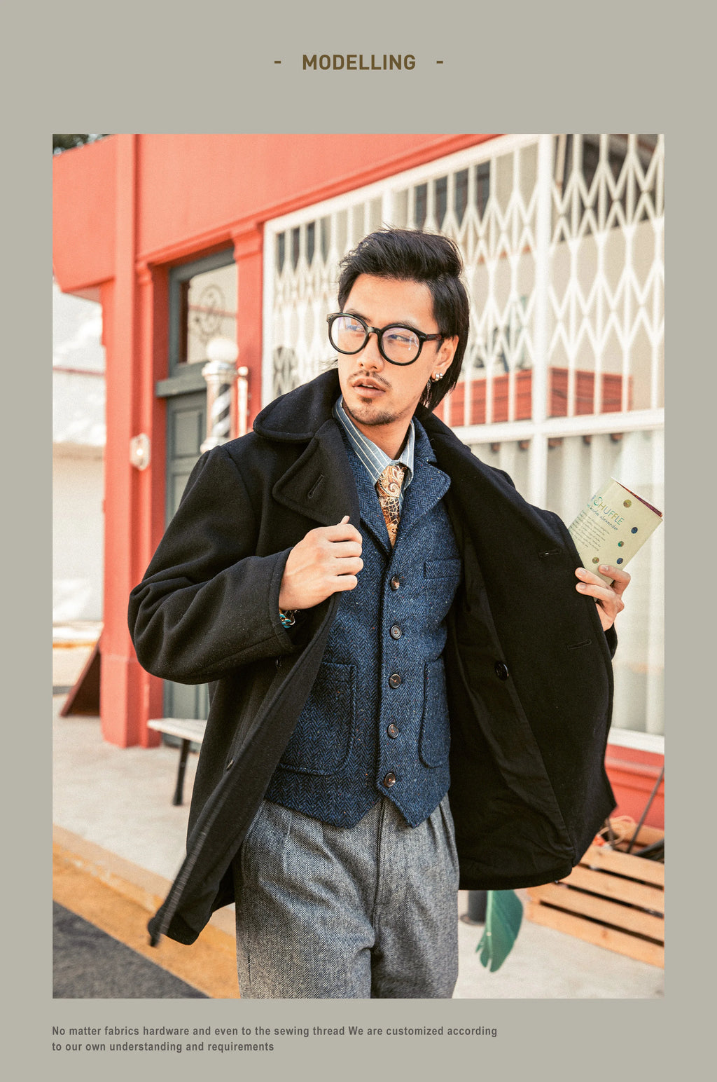 Peacoat Red Tornado 740 en negro, abrigo vintage de mezcla de lana de longitud media con doble botonadura para hombre, chaqueta cálida de invierno