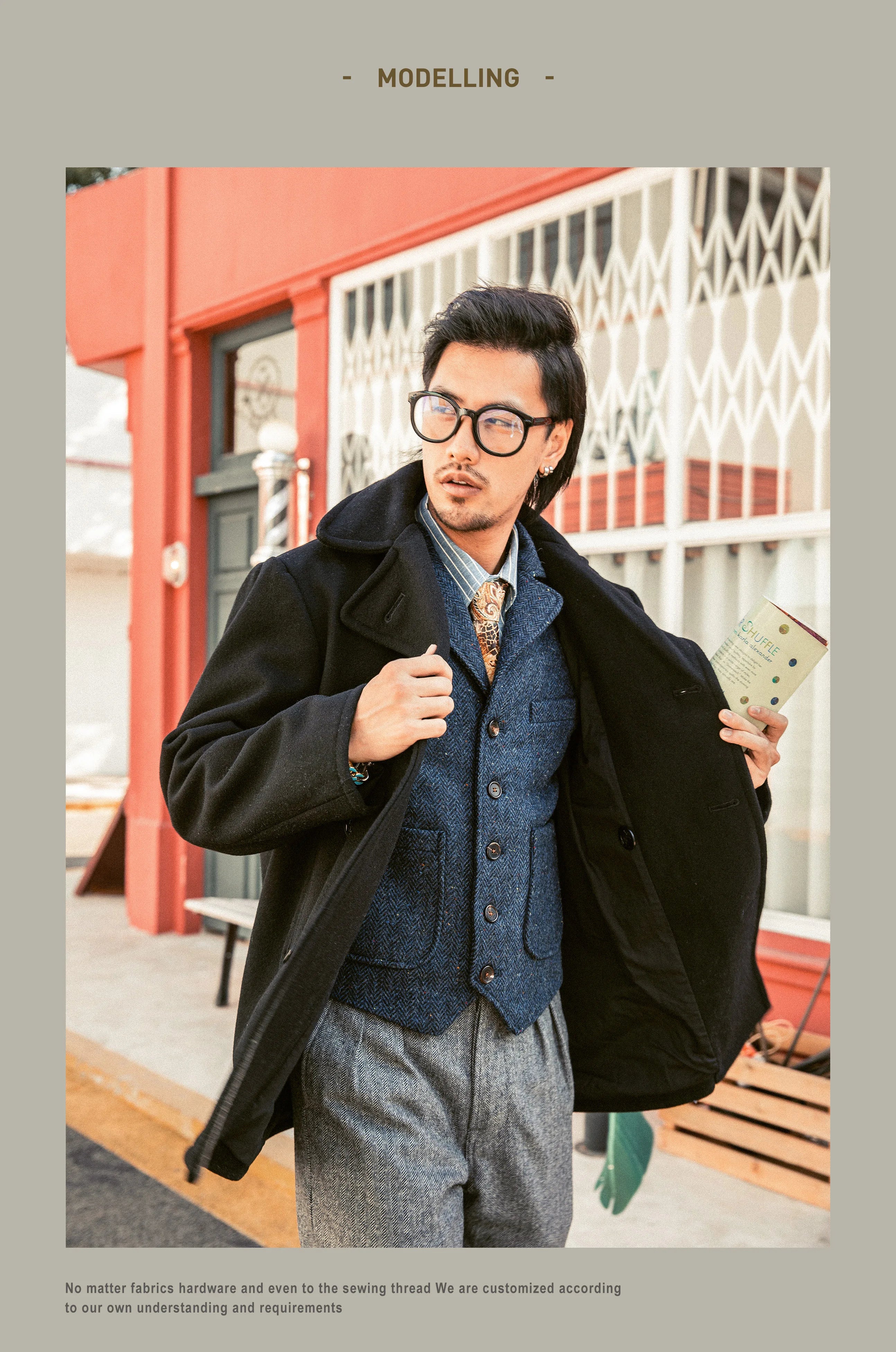 Peacoat Red Tornado 740 en negro, abrigo vintage de mezcla de lana de longitud media con doble botonadura para hombre, chaqueta cálida de invierno