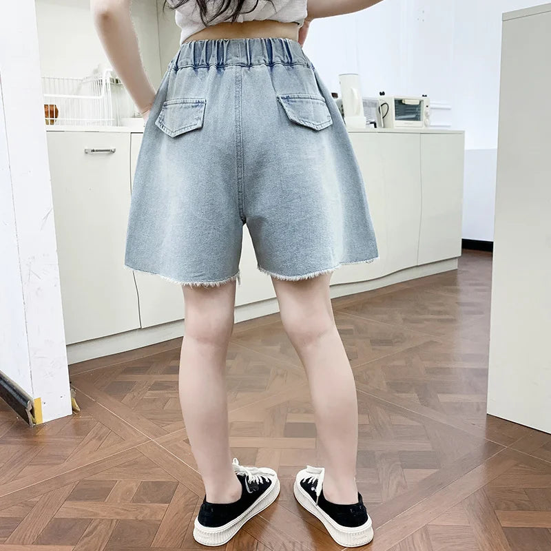 Pantalones cortos de verano a la moda para niñas, pantalones cortos vaqueros informales con corazón, pantalones vaqueros hasta la rodilla para niños de 5 6 7 8 9 10 11 12 13 14 años