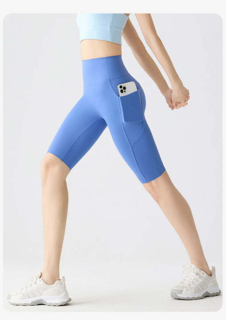 BIVIGAOS, pantalones cortos de verano con bolsillo para Yoga de piel de tiburón para bicicleta, pantalones cortos finos de cintura alta con realce, sensación desnuda, pantalones cortos deportivos para ciclismo y Fitness