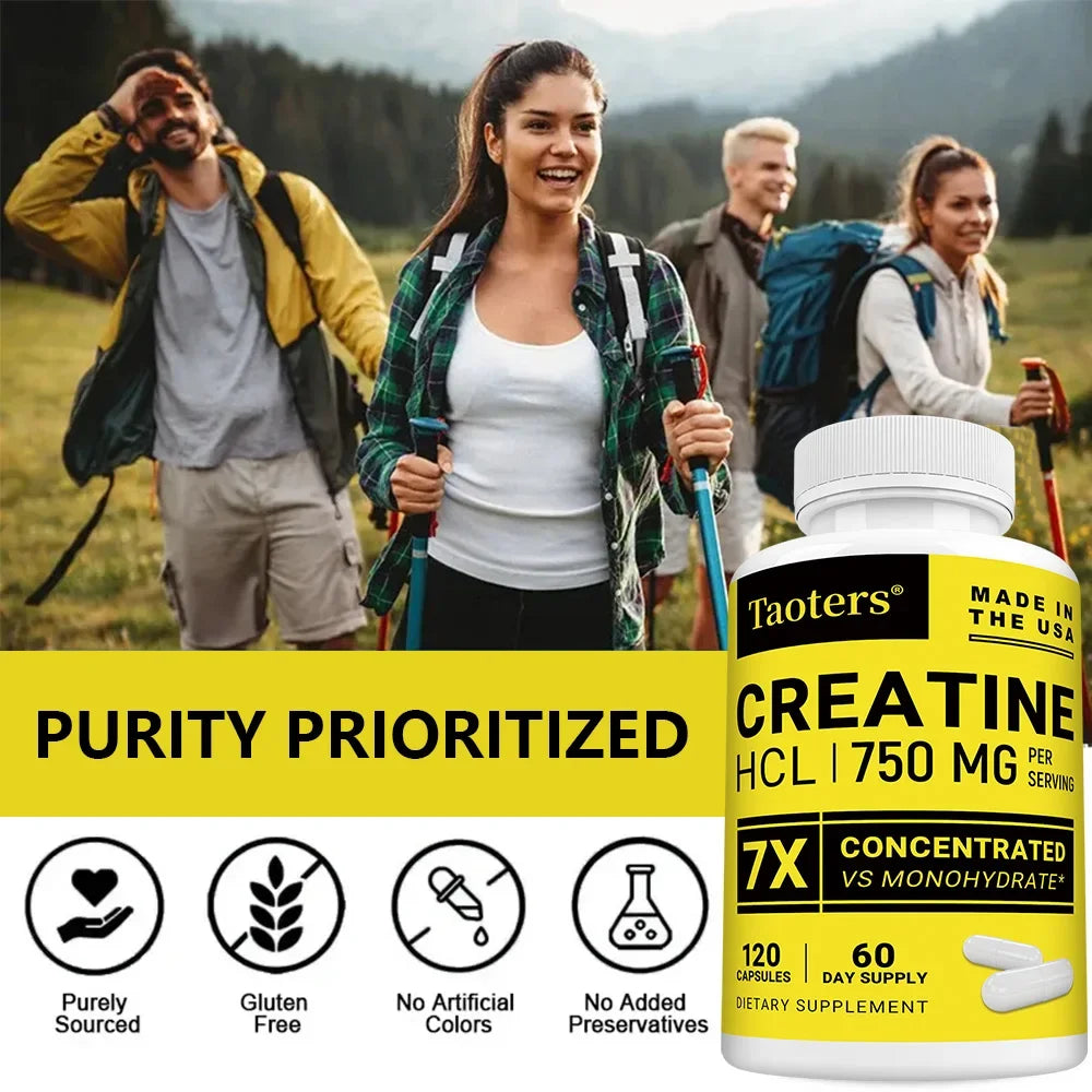 Suplemento de creatina HCL, mejora el enfoque, la fuerza y la resistencia, adecuado tanto para hombres como para mujeres, sin gluten, sin OGM