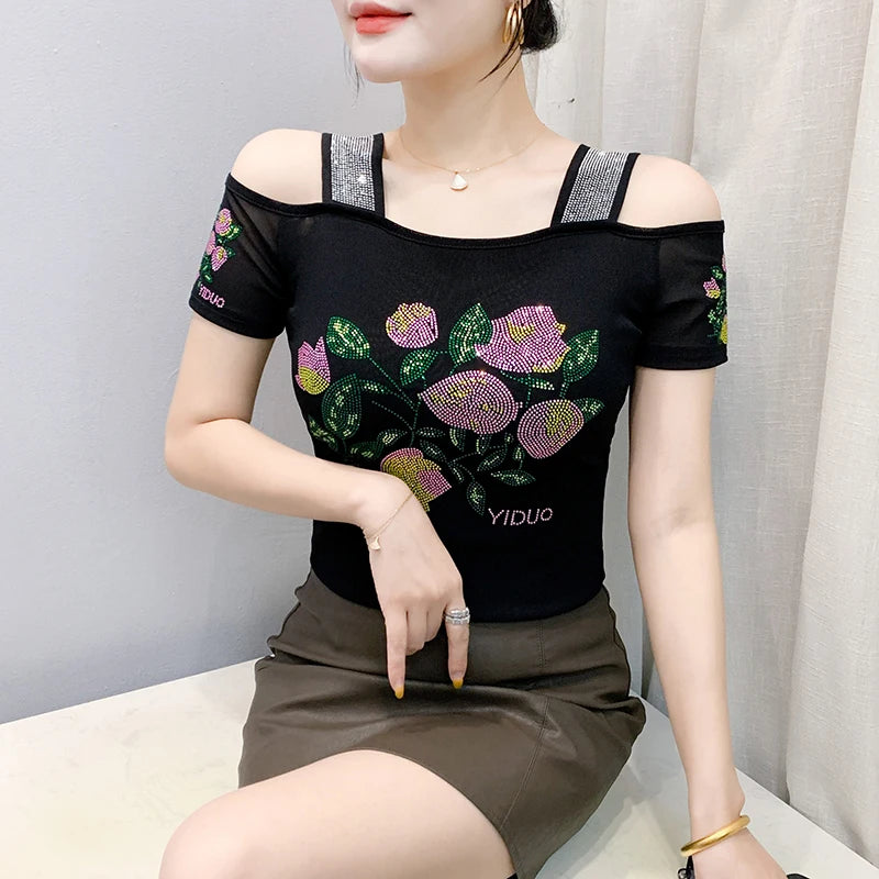 Ropa de calle europea, camiseta de marca para mujer, camisetas ajustadas de manga corta elegantes con diamantes brillantes para mujer