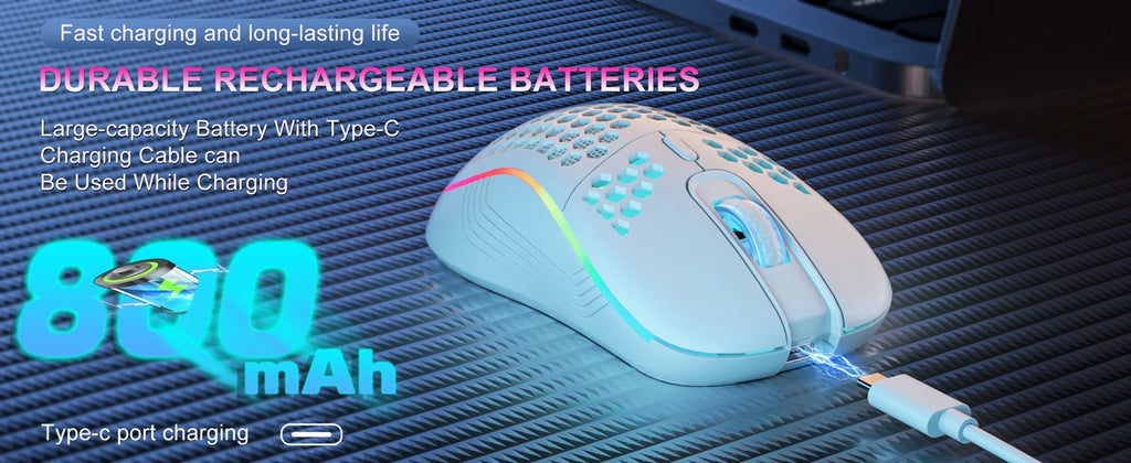 Ratón inalámbrico 2,4G con retroiluminación RGB, 6 botones, 3 velocidades, DPI tipo C, recargable, ergonómico, diseño de panal, ratón para juegos