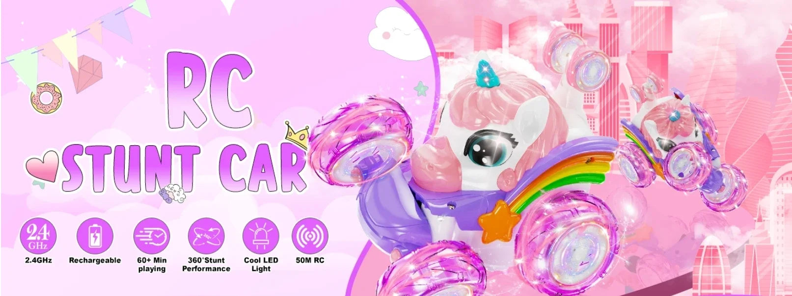 Coche teledirigido unicornio para niñas, 360 °   Coches RC acrobáticos giratorios 4WD con luces lindas, juguetes recargables para niños para regalos de cumpleaños