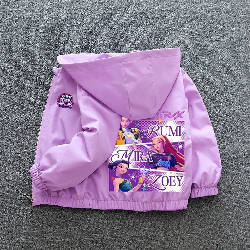 Chaqueta Cortavientos para Niñas Adolescentes K-pop Demon Hunters 2026 Primavera Otoño, Chaqueta con Capucha Estampada de Dibujos Animados, Ropa Exterior Impermeable