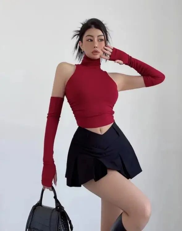 Top sin mangas Sexy para primavera y verano, Top corto plisado con mangas para chica picante y cuello alto, camiseta para mujer, ropa informal ajustada Y2k