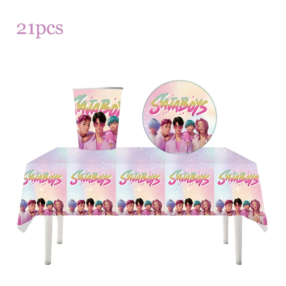 Vajilla desechable para fiesta temática de cazadores de demonios k-pop, plato con bandera de cazador, globo, decoración de cazadores, suministros para fiesta de cumpleaños