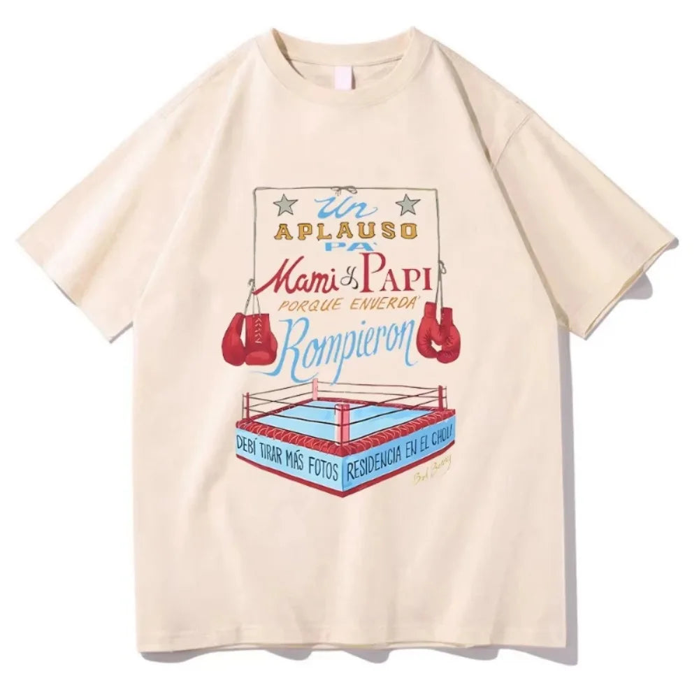 Bad Bunny DTMF Merch Boxing Tee Camiseta estética Unisex Estampado geométrico Cuello redondo Manga corta Estilo urbano Camiseta estampada