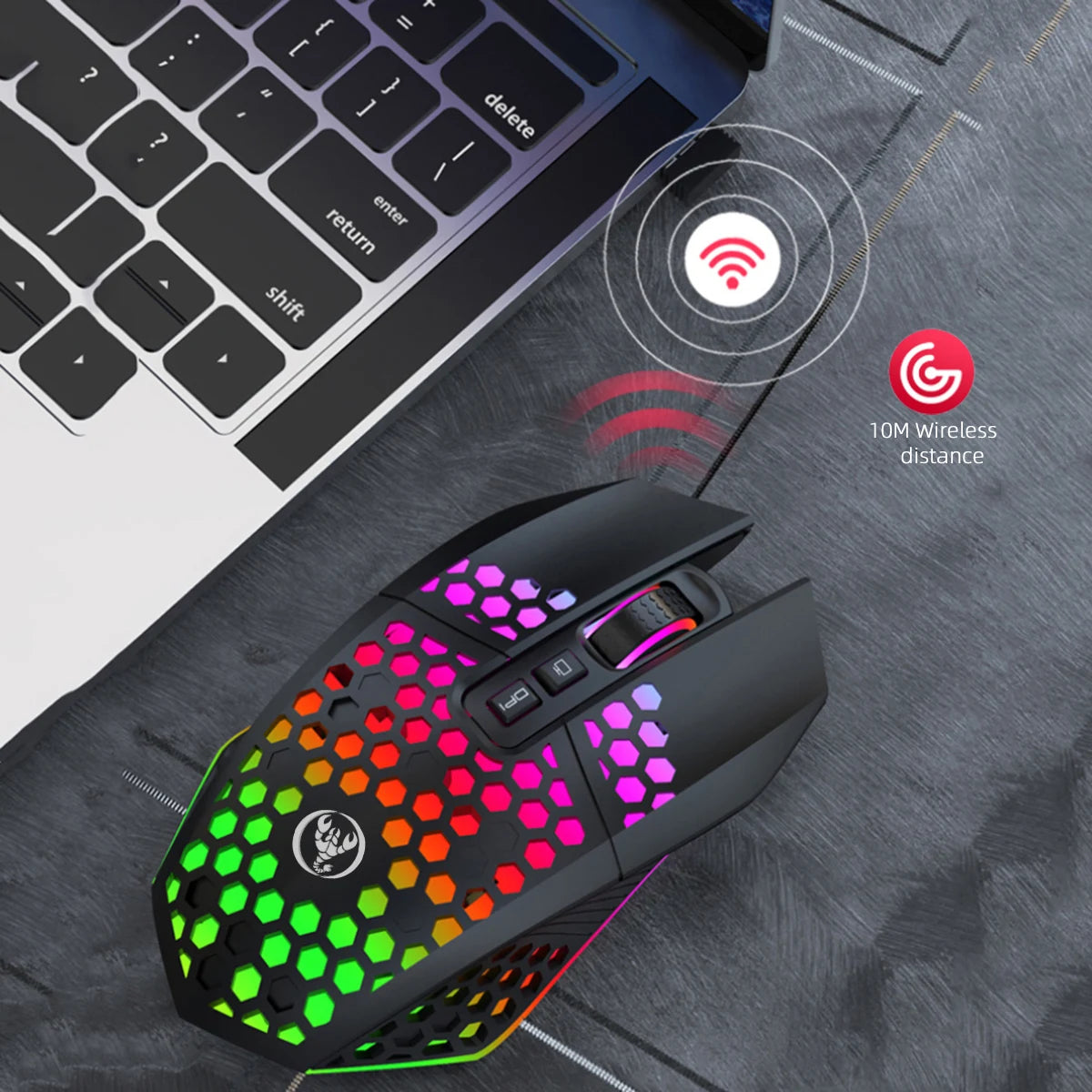 Ratón inalámbrico para juegos: diseño ergonómico con iluminación RGB, carga USB tipo C, carcasa de panal, diestro, precisión óptica