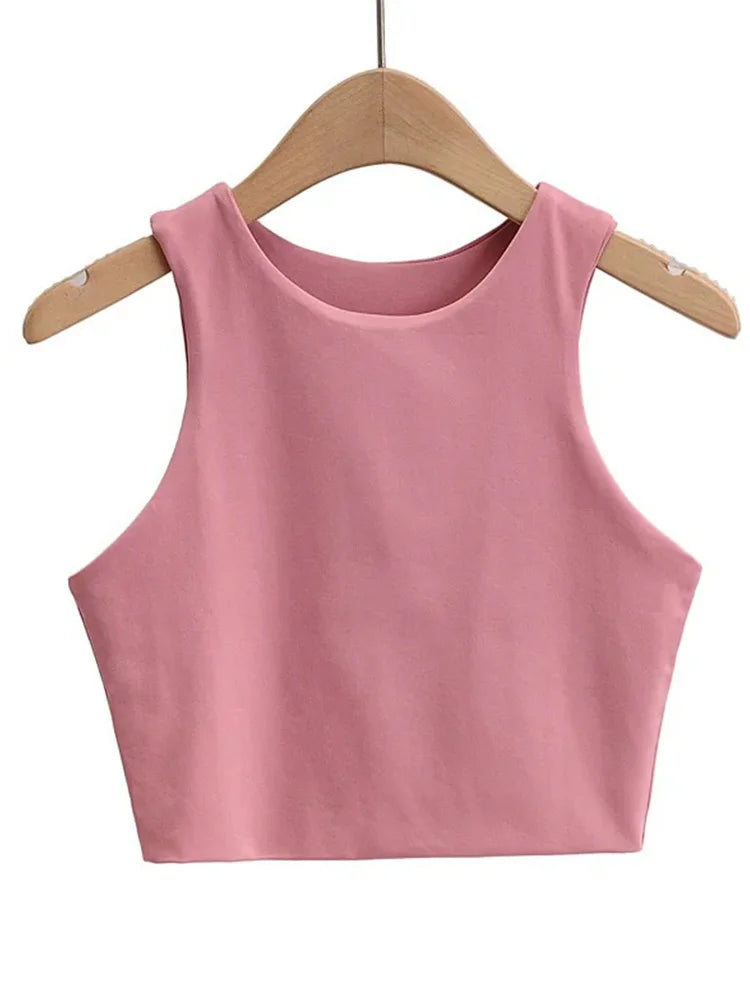 Camisetas ajustadas sexis para mujer, camisetas sin mangas con cuello redondo y doble nailon para mujer, camisetas sin mangas de buena calidad en 6 colores 2023