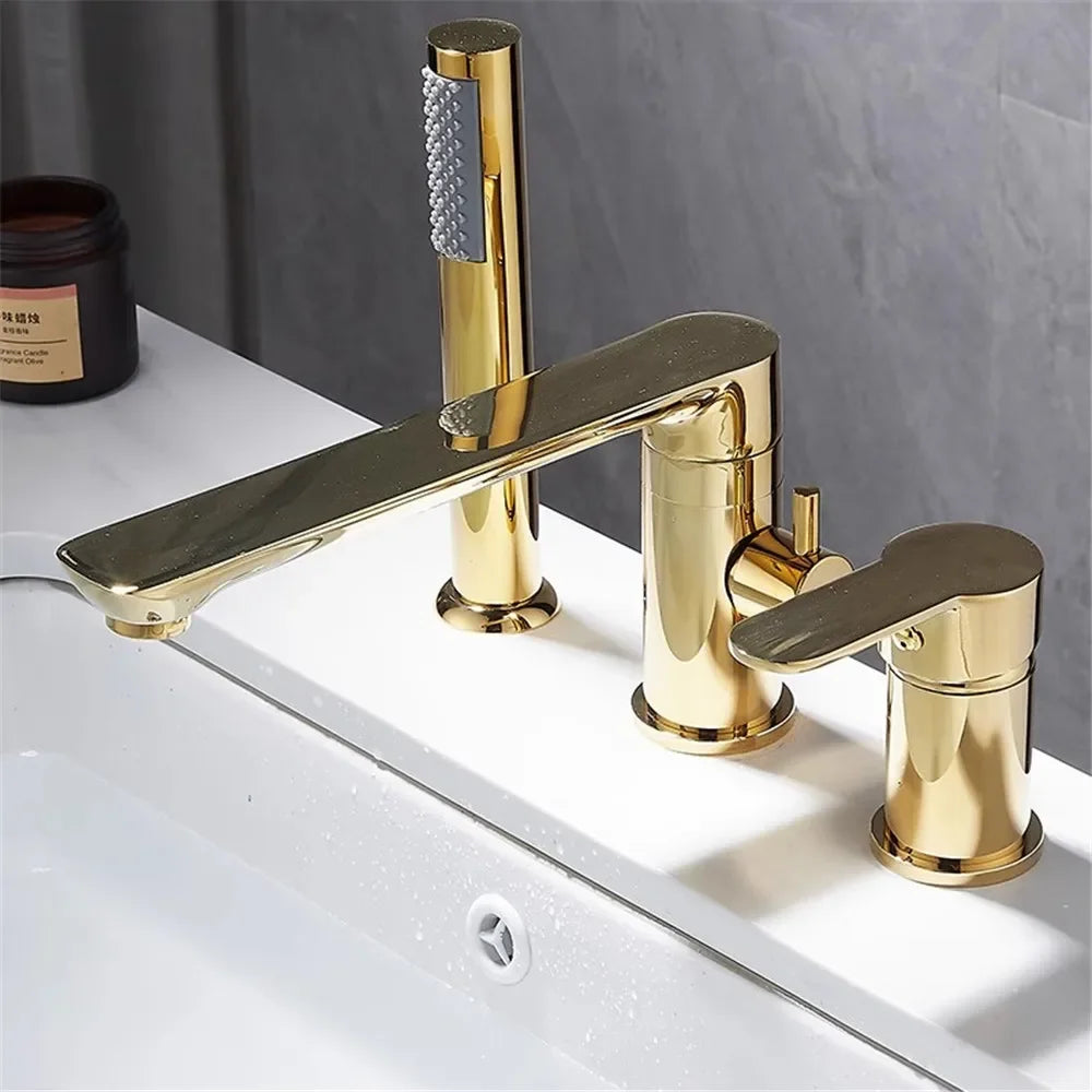 Grifo de bañera de Oro pulido, grifo mezclador de lavabo de bañera generalizado, grifo de ducha de baño de latón negro con cabezal de ducha de mano