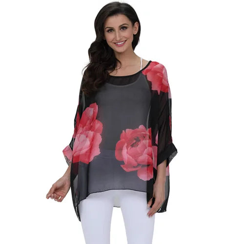Novedad 2015 de mini vestidos casuales de gasa con estampado de flores para señoras, vestidos estilo bohemio con manga de murciélago en tallas grandes 4XL 5XL 6XL