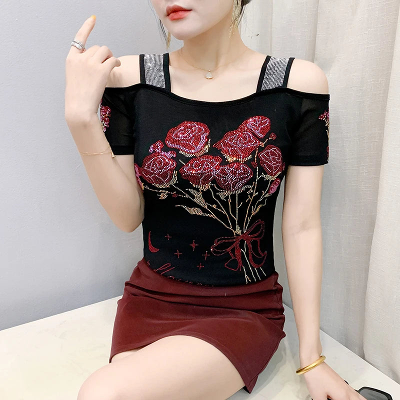 Ropa de calle europea, camiseta de marca para mujer, camisetas ajustadas de manga corta elegantes con diamantes brillantes para mujer