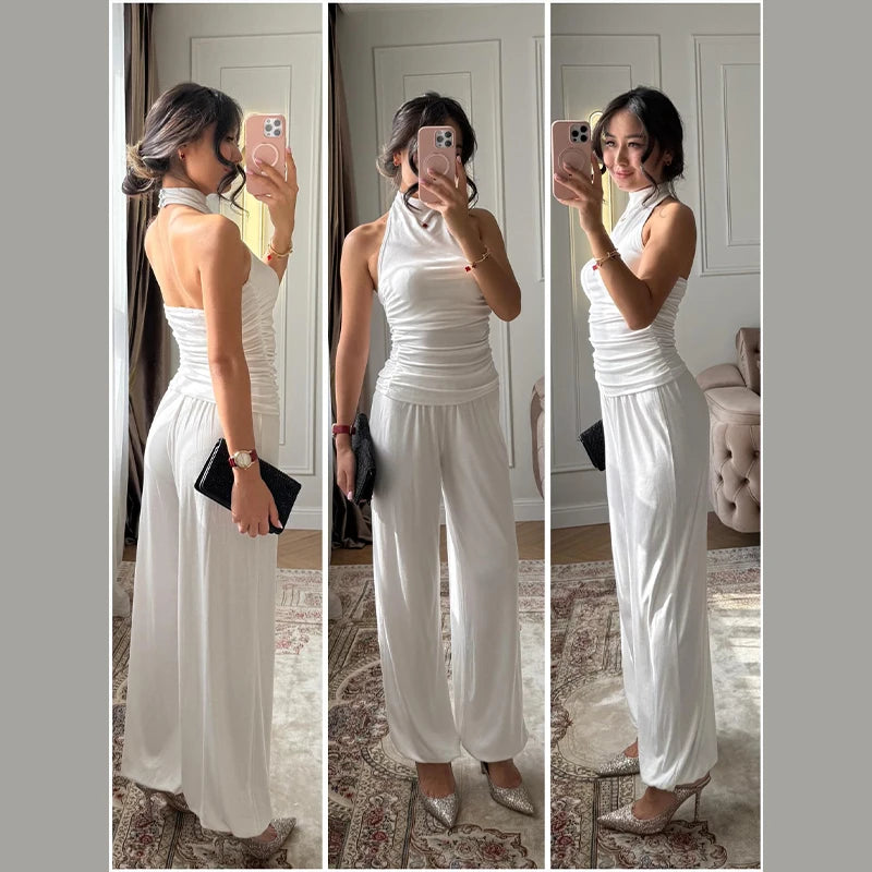 Vestido sin mangas con cuello colgante para mujer, vestido liso de satén con espalda descubierta, vestidos informales de oficina con tirantes finos, nueva Suite de primavera 2025