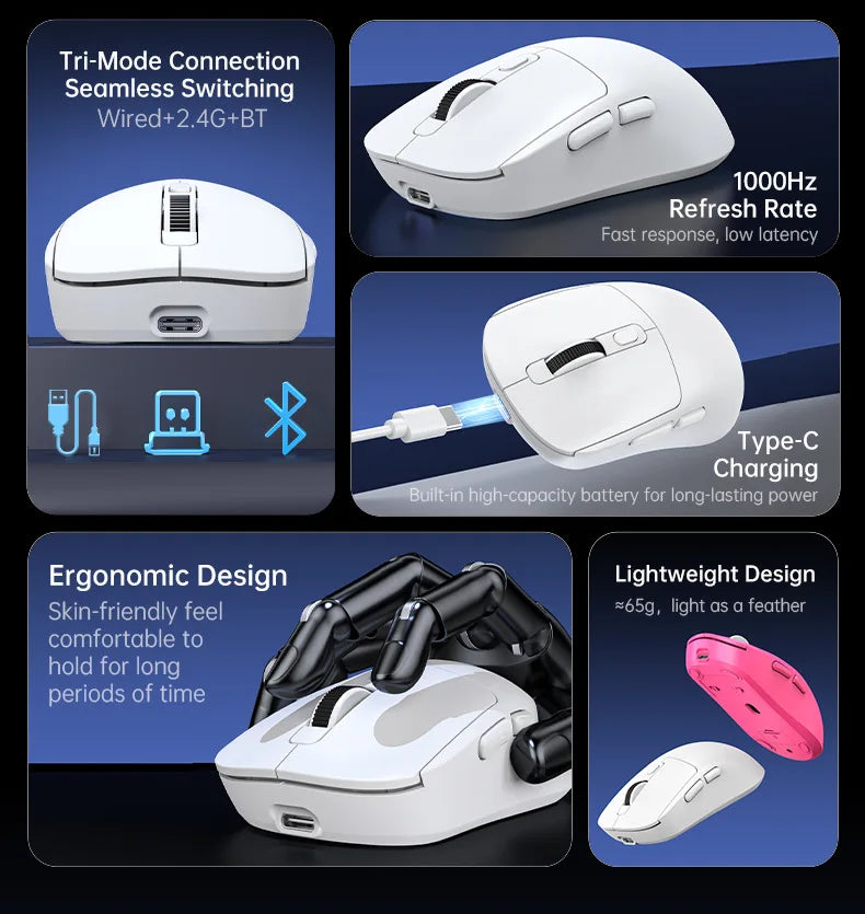Ratón ligero inalámbrico Bluetooth/2,4G/ratón trimodo con cable ratón ajustable de 8000 DPI ratones silenciosos recargables para juegos de oficina