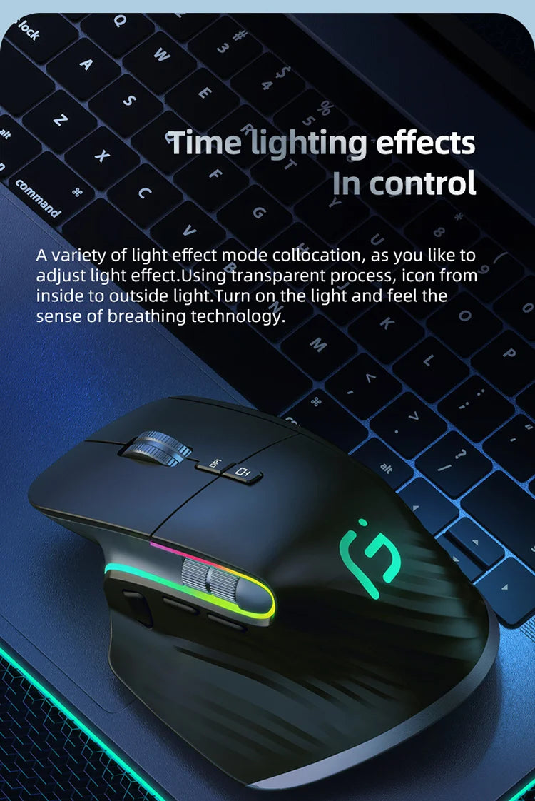 JOMAA-ratón inalámbrico para juegos de ordenador, Mouse negro de 2,4G con Bluetooth, RGB, recargable, diseño ergonómico, para oficina