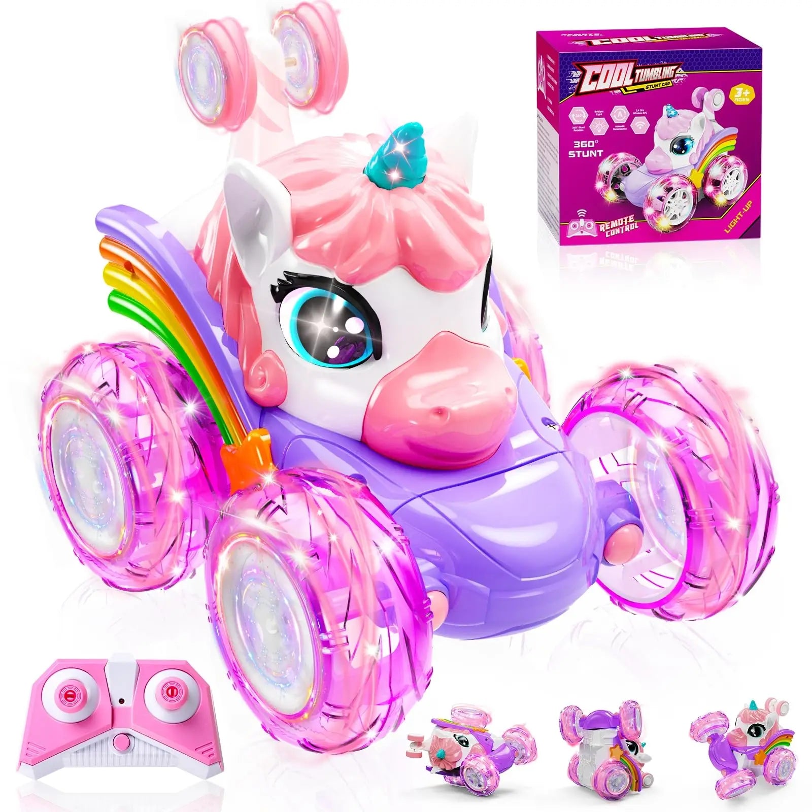 Coche teledirigido unicornio para niñas, 360 °   Coches RC acrobáticos giratorios 4WD con luces lindas, juguetes recargables para niños para regalos de cumpleaños