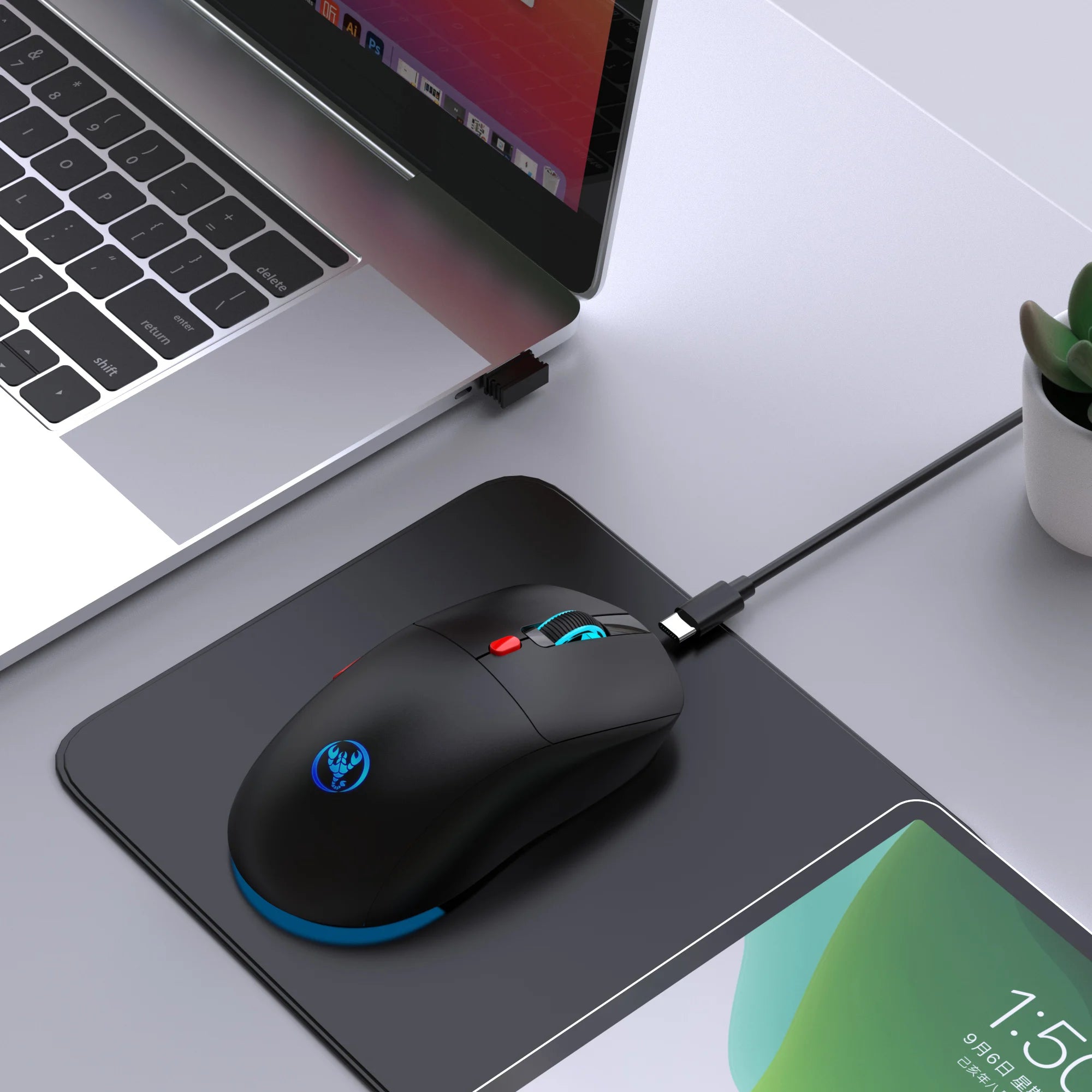 Ratón Inalámbrico Recargable de 2.4G, 650mAh, Ajustable a 3600DPI, Iluminación RGB de 7 Colores, Ergonómico y Silencioso para Oficina, Portátil, PC y Juegos