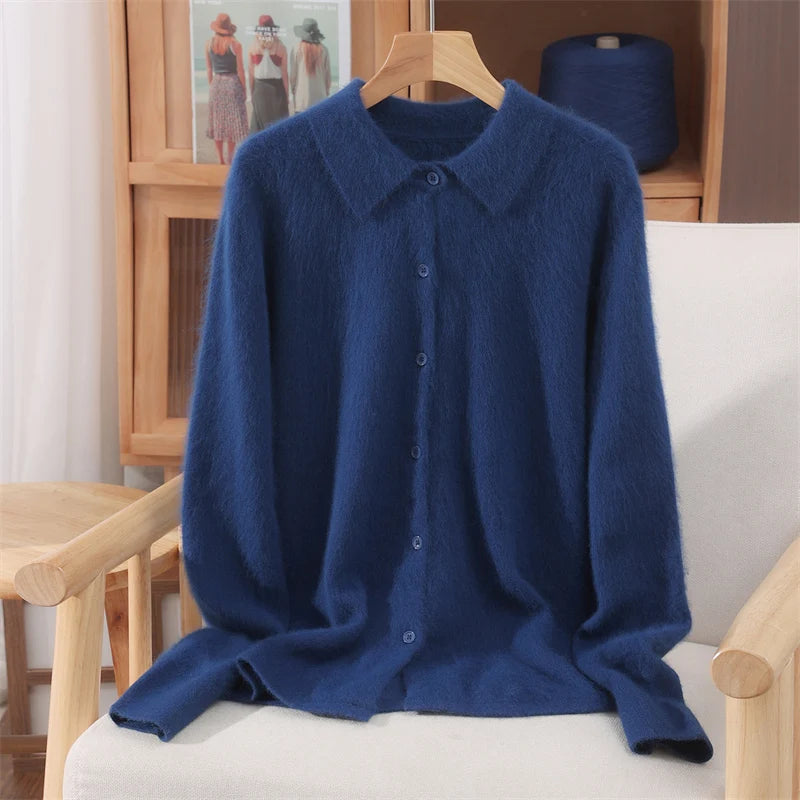 Otoño Invierno mujer 100% suéter de cachemira de visón puro con cuello Peter Pan y botones Preppy coreano Casual tejido de Color sólido