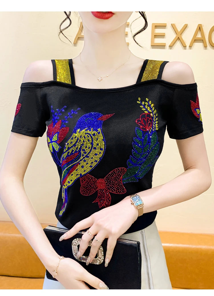 Ropa de calle europea, camiseta de marca para mujer, camisetas ajustadas de manga corta elegantes con diamantes brillantes para mujer