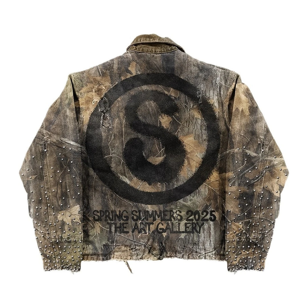 Chaqueta Vintage Y2K para hombre y mujer, ropa con estampado de letras de Hip Hop, lentejuelas con diamantes de imitación, chaqueta de camuflaje táctico de gran tamaño, abrigos informales