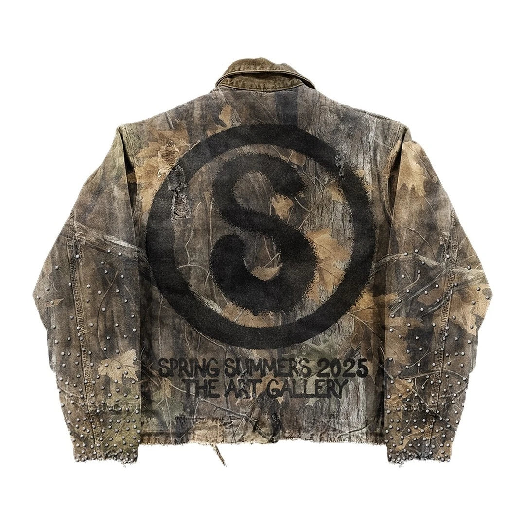 Chaqueta Vintage Y2K para hombre y mujer, ropa con estampado de letras de Hip Hop, lentejuelas con diamantes de imitación, chaqueta de camuflaje táctico de gran tamaño, abrigos informales