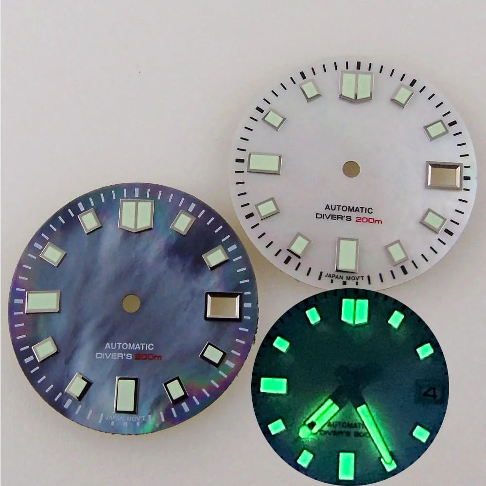 Reloj de nácar blanco y negro de 29mm, esfera con abertura para fecha, ajuste luminoso verde NH35 NH35A NH36, movimiento automático