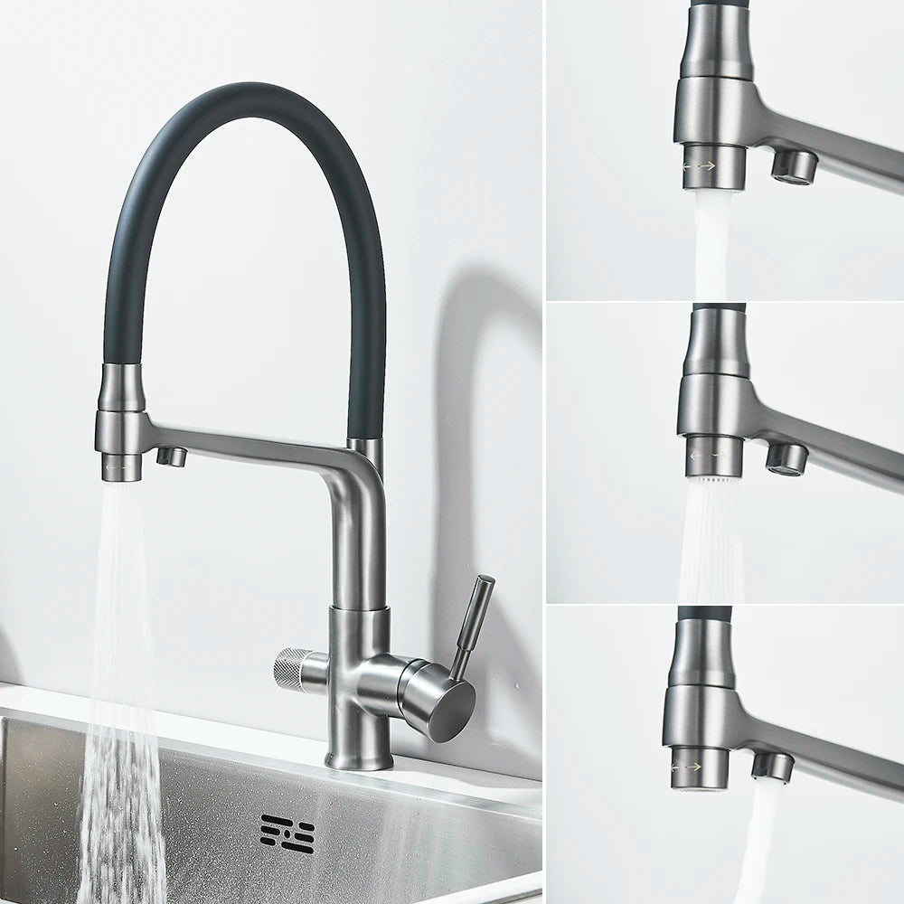 Grifo con filtro de agua pura para cocina, mezclador de doble Caño con rotación de 360 grados, función de purificación de agua potable