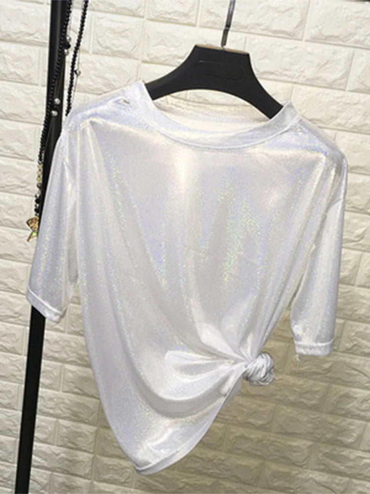 Tops de verano para mujer, camiseta holgada brillante de manga corta, camiseta sexy de estética para club harajuku, camiseta elegante de seda brillante para mujer