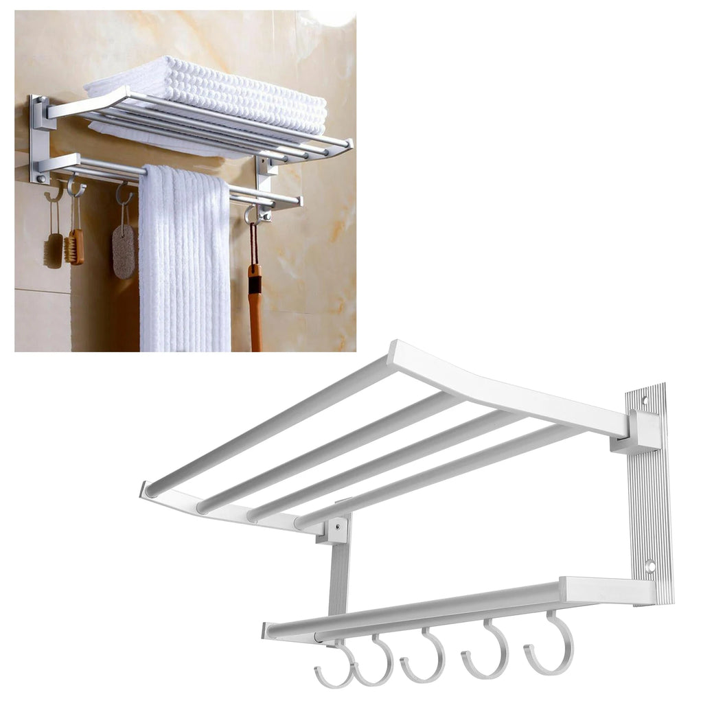 Estante de ducha de 40cm, toallero de baño plegable de aluminio con 5 ganchos, estante de almacenamiento de accesorios de baño plateado, organizador de toallas