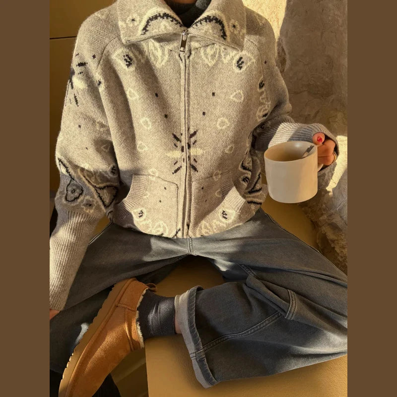 Cárdigan Vintage de punto Jacquard con cuello levantado para mujer, suéter holgado con bolsillos de manga larga y cremallera, prendas de punto suaves para primavera 2026