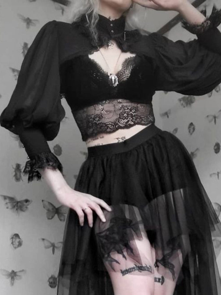 Blusa gótica con mangas abullonadas para Mujer, Top corto Sexy negro De manga larga para invierno, Blusas estéticas De hadas para Mujer De Moda 2022