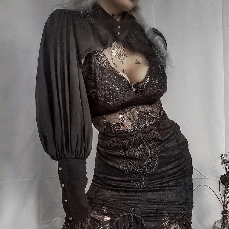 Blusa gótica con mangas abullonadas para Mujer, Top corto Sexy negro De manga larga para invierno, Blusas estéticas De hadas para Mujer De Moda 2022