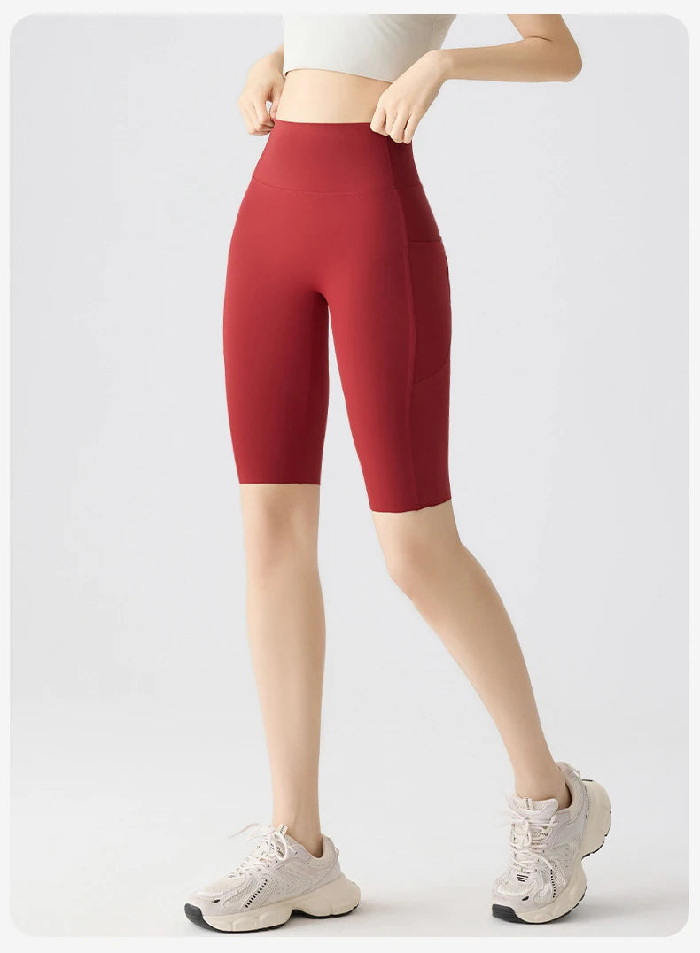 BIVIGAOS, pantalones cortos de verano con bolsillo para Yoga de piel de tiburón para bicicleta, pantalones cortos finos de cintura alta con realce, sensación desnuda, pantalones cortos deportivos para ciclismo y Fitness