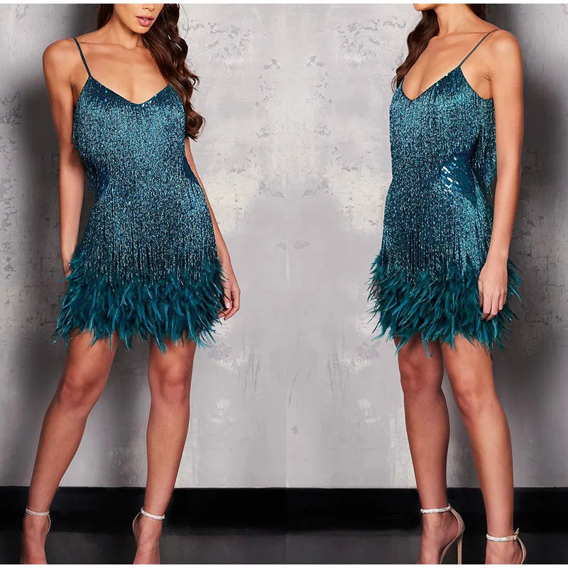 2025 nuevo Sexy borla lentejuelas pluma Mini vestido mujeres Spaghetti Strap costura vestidos mujer elegante vestido de fiesta de noche Club