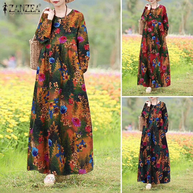 Vestido Floral Vintage mujer 2025 ZANZEA otoño Vestidos largos bohemios Casual manga larga Maxi Vestidos bata suelta Mujer de gran tamaño