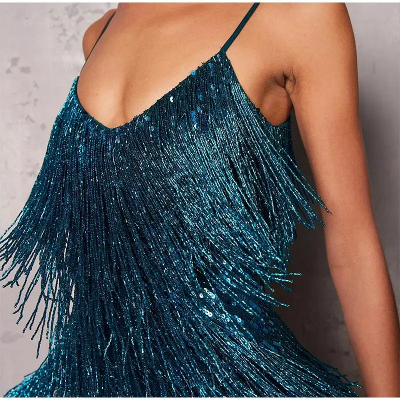 2025 nuevo Sexy borla lentejuelas pluma Mini vestido mujeres Spaghetti Strap costura vestidos mujer elegante vestido de fiesta de noche Club