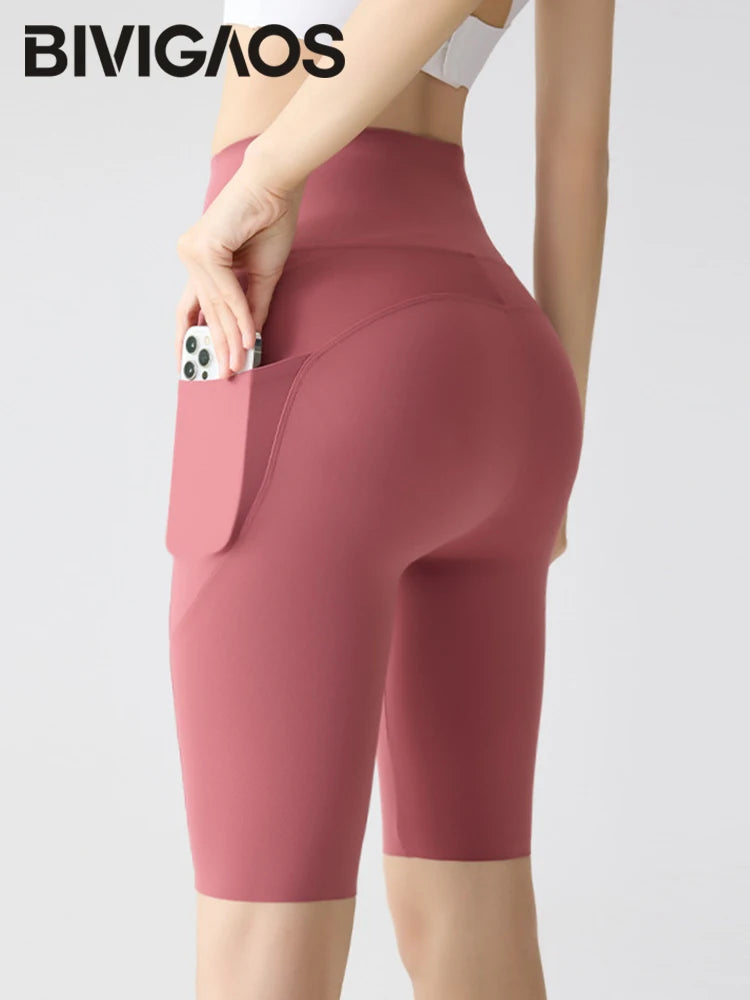 BIVIGAOS, pantalones cortos de verano con bolsillo para Yoga de piel de tiburón para bicicleta, pantalones cortos finos de cintura alta con realce, sensación desnuda, pantalones cortos deportivos para ciclismo y Fitness