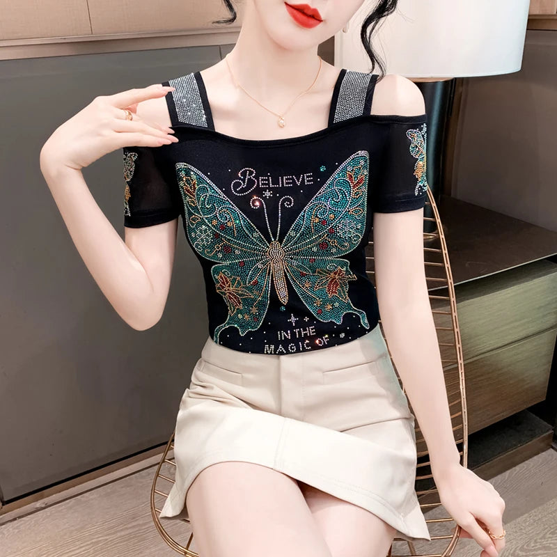 Ropa de calle europea, camiseta de marca para mujer, camisetas ajustadas de manga corta elegantes con diamantes brillantes para mujer