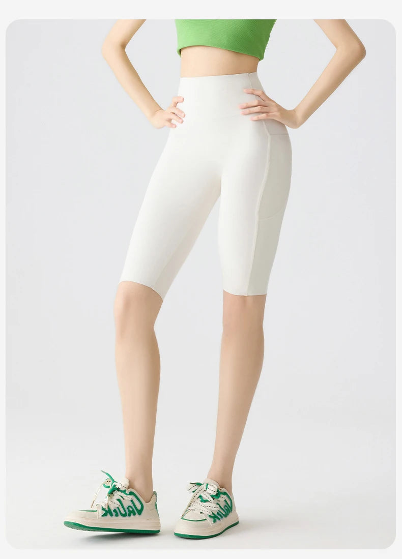 BIVIGAOS, pantalones cortos de verano con bolsillo para Yoga de piel de tiburón para bicicleta, pantalones cortos finos de cintura alta con realce, sensación desnuda, pantalones cortos deportivos para ciclismo y Fitness