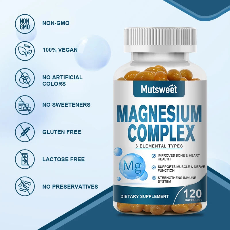 Suplementos de cápsula de magnesio complejo, sistema nervioso, soporte muscular y óseo para dormir, energía, calambres en las piernas, dolores de cabeza